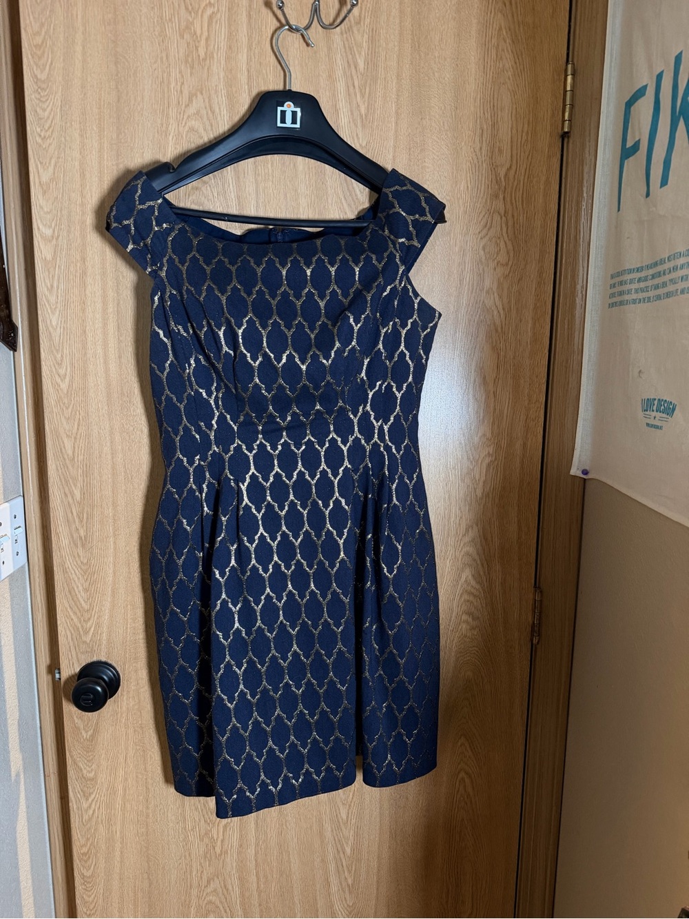 Vince Camuto Navy Dress with Gold Lattice Detail